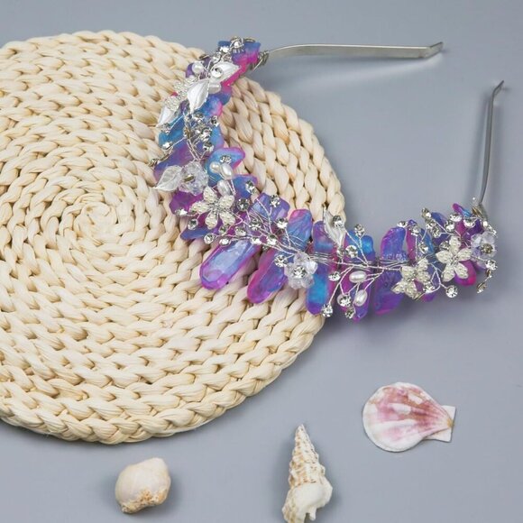 Raw Crystal Headband with Pearl Flowers, Quartz Rhinestone Bridal Tiara Crown He - Picture 6 of 6